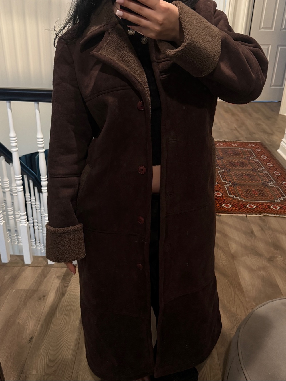Women’s Long Brown Faux-Suede Shearling Coat